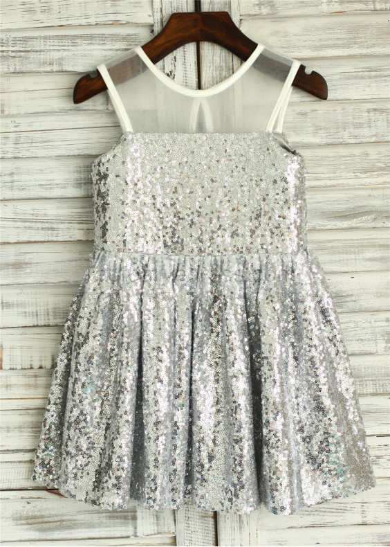 Sheer Neck Silver Sequin Knee Length Flower Girl Dress